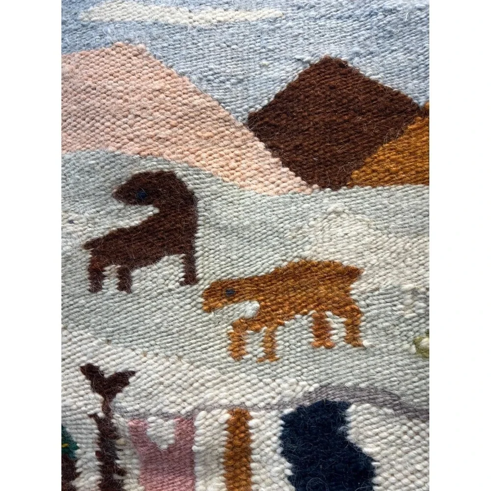 Vintage Afro Weavers Wool Hand Woven Tapestry Village Scene Wall Hanging 95x90